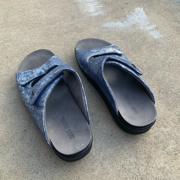 SAS Cozy Silver Blue Metallic Comfort Slip On Sandal Slides - Picture 3 of 7